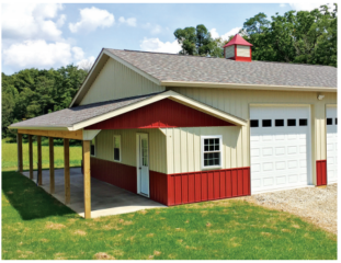 Yoder Barns Pole Barns - Cream and Red with Porch